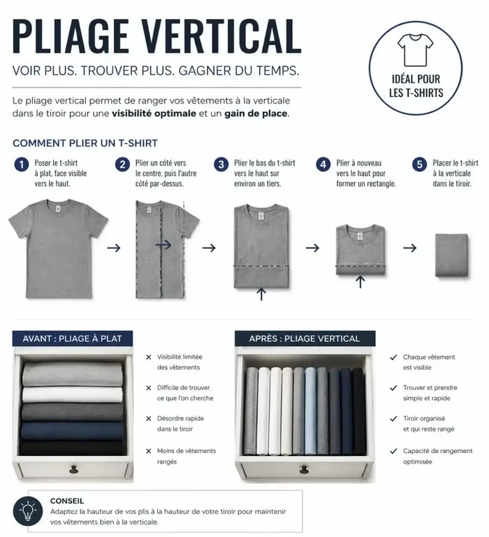 Méthode de pliage vertical pour le rangement de dressing