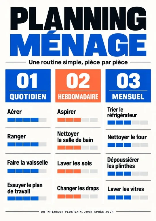 Planning ménage illustré avec les tâches quotidiennes, hebdomadaires et mensuelles