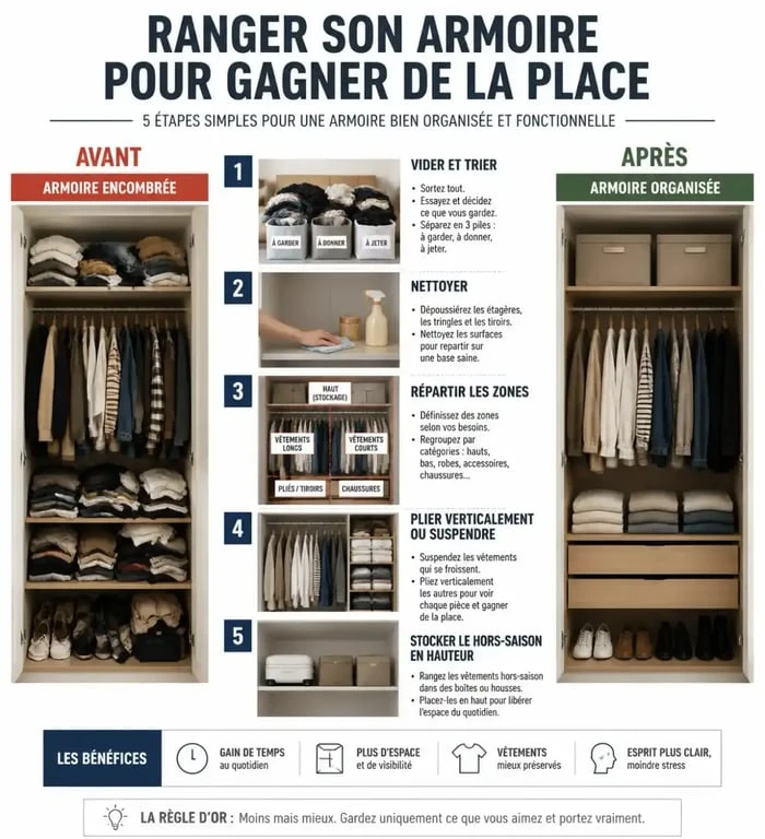 Illustration étape par étape pour comprendre comment ranger son armoire pour gagner de la place
