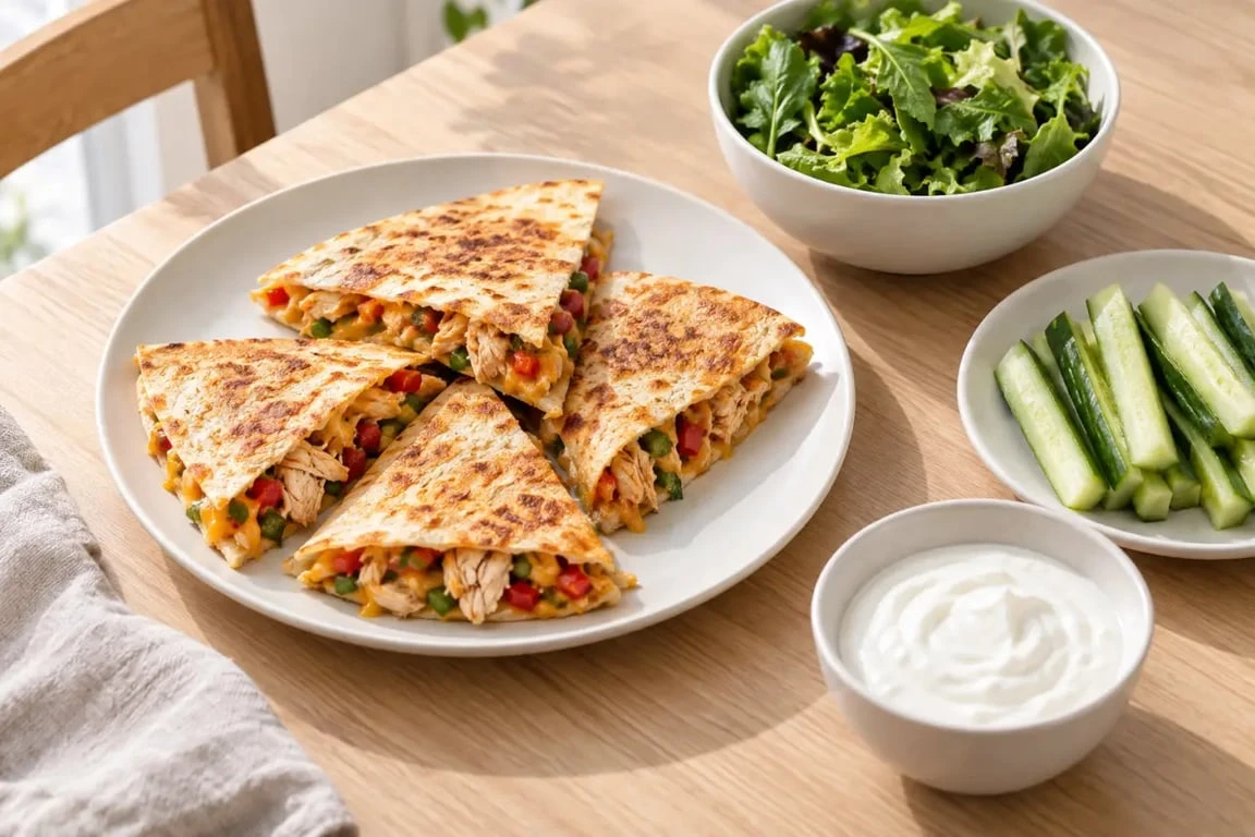 Repas du soir familial rapide avec quesadillas au poulet et aux légumes