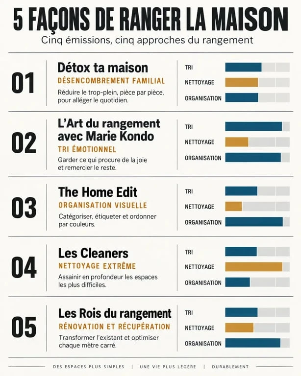 Infographie comparative des émissions de rangement maison selon leur méthode