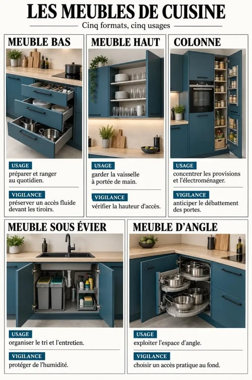 Infographie des principaux types de meuble cuisine et de leurs usages