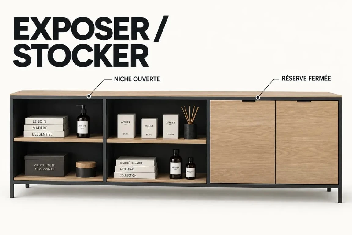Meuble bas de rangement avec niches d’exposition dans une boutique