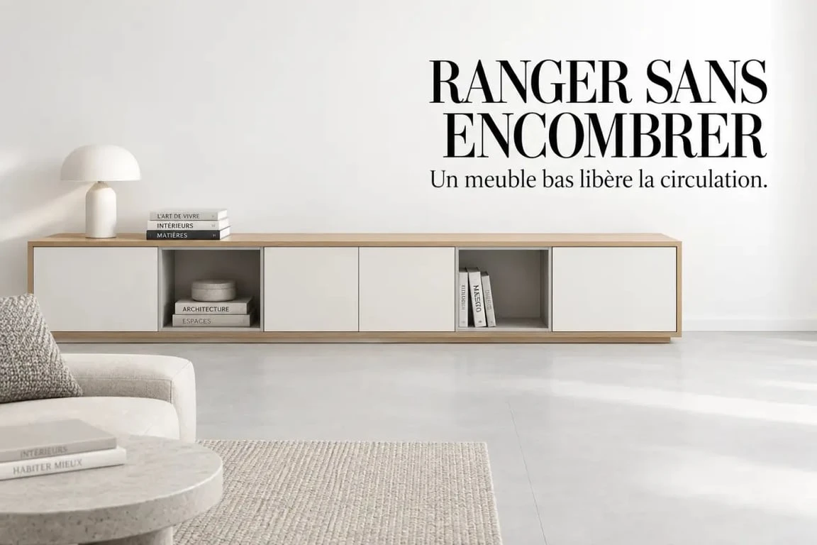 Meuble bas de rangement dans un petit salon avec niches et portes fermées
