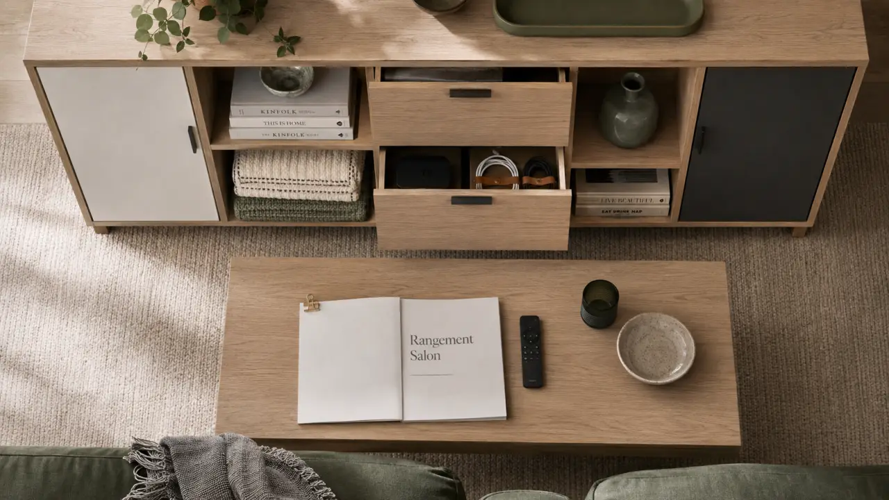 Meuble rangement salon avec niches, tiroirs et portes opaques en chêne clair, ambiance salon contemporaine
