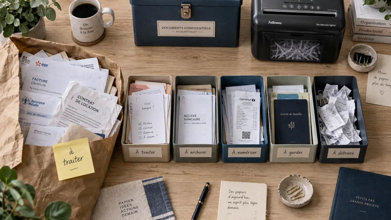Organiser papier administratif : bacs À traiter, À archiver, À numériser