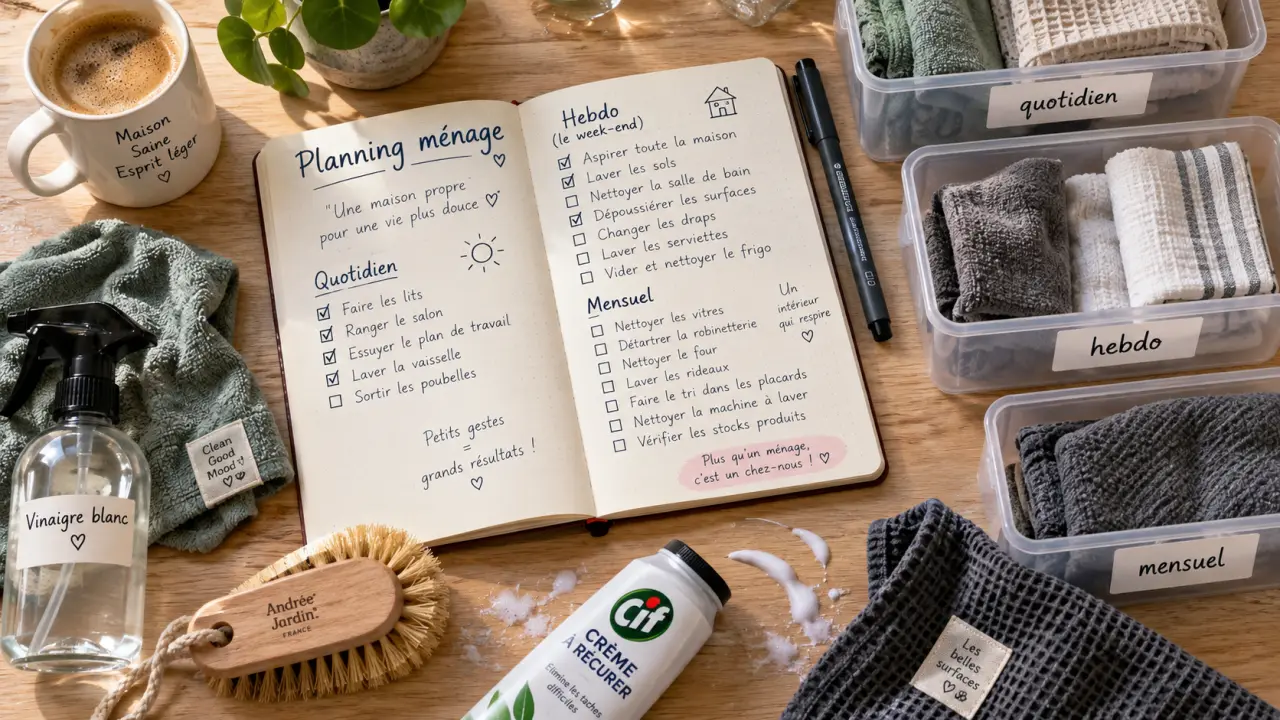 Planning menage 15 minutes par jour, carnet et cases cochées