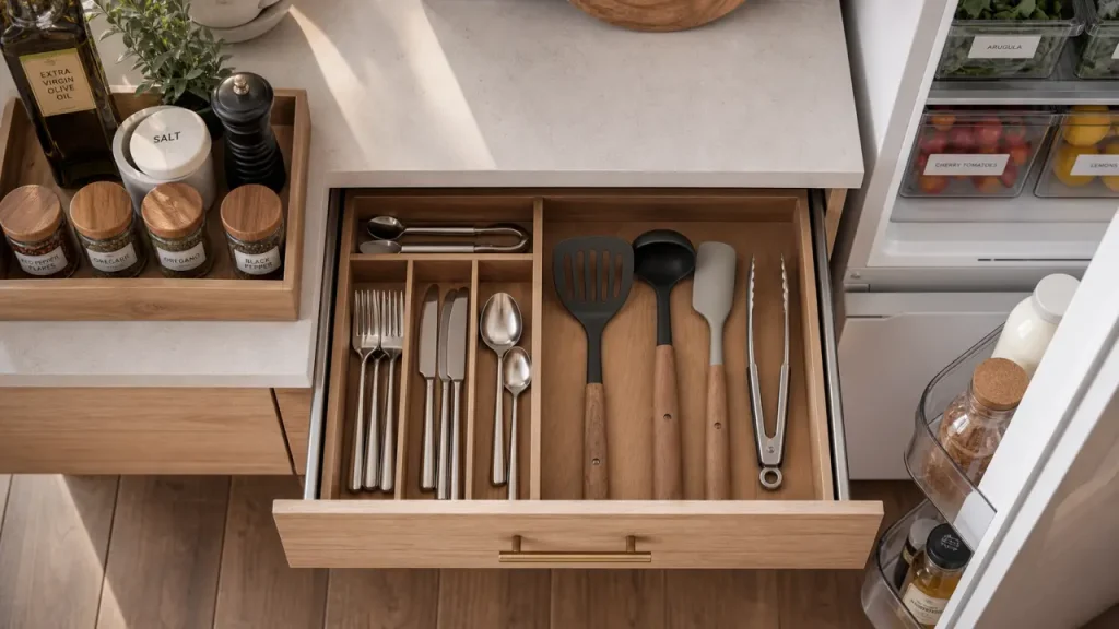Rangement cuisine : tiroirs et frigo organisés, plan de travail dégagé