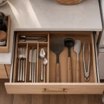 Rangement cuisine : tiroirs et frigo organisés, plan de travail dégagé