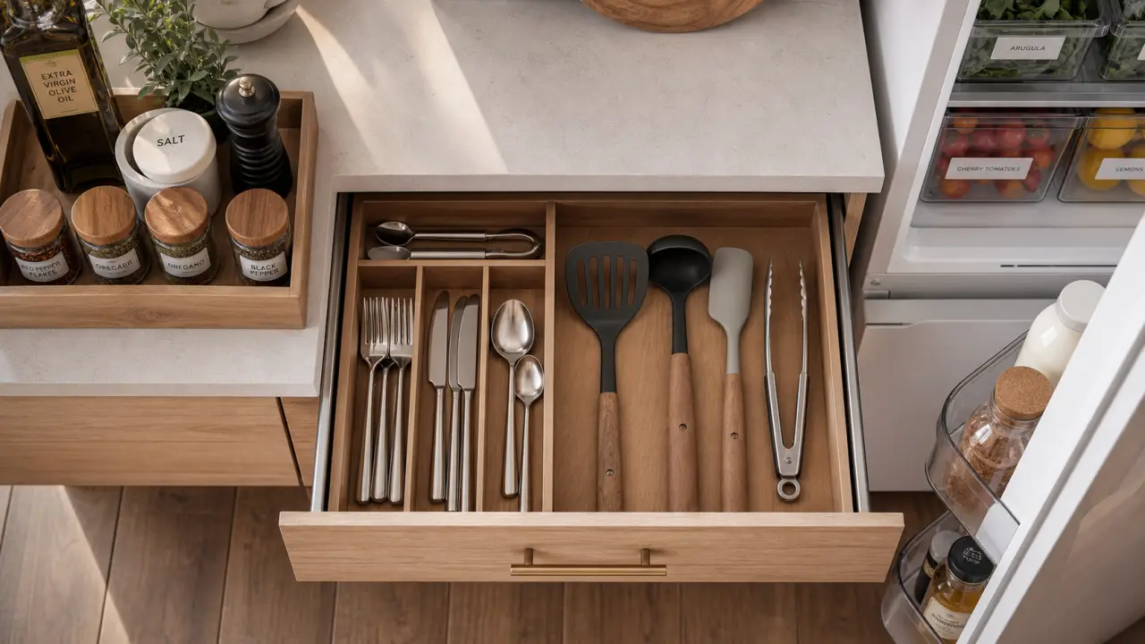 Rangement cuisine : tiroirs et frigo organisés, plan de travail dégagé
