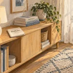 Rangement meuble bas : meuble bas en bois clair pour cacher le désordre et ranger.