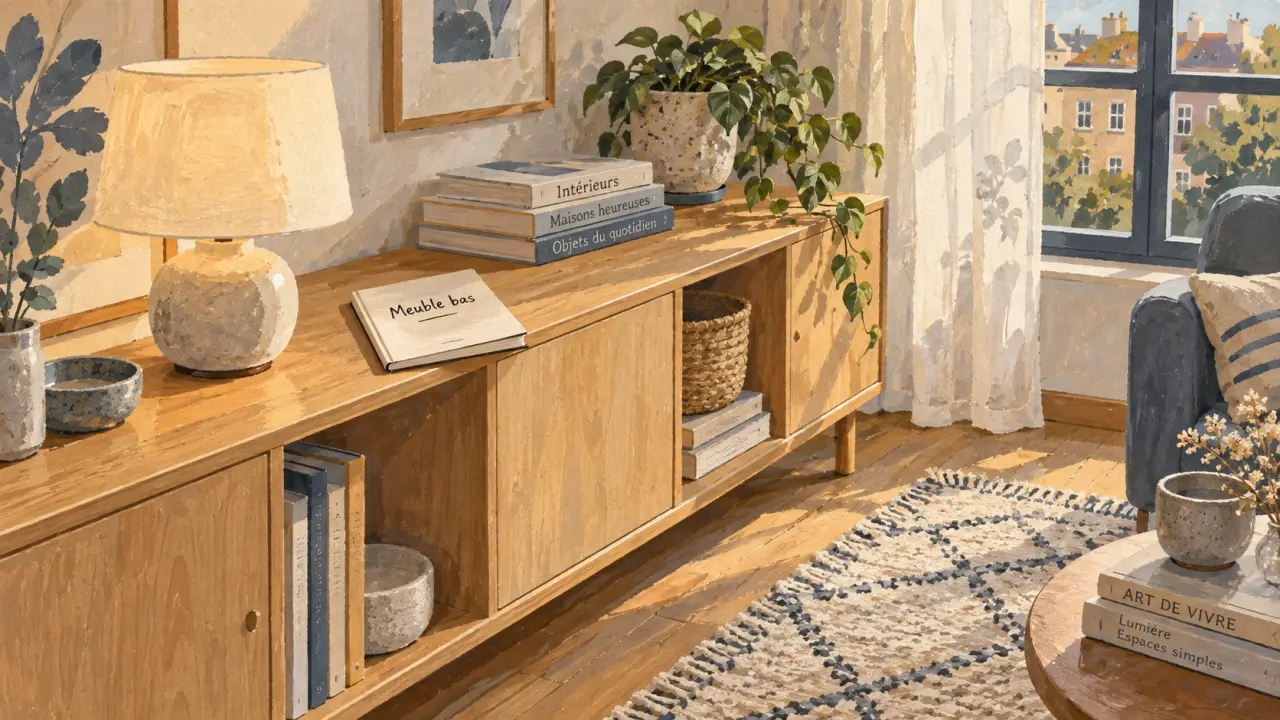Rangement meuble bas : meuble bas en bois clair pour cacher le désordre et ranger.
