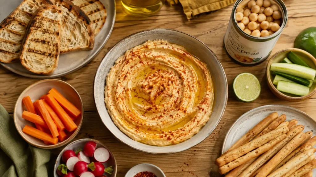 Recette apéro rapide : houmous citron-paprika, toasts grillés et crudités