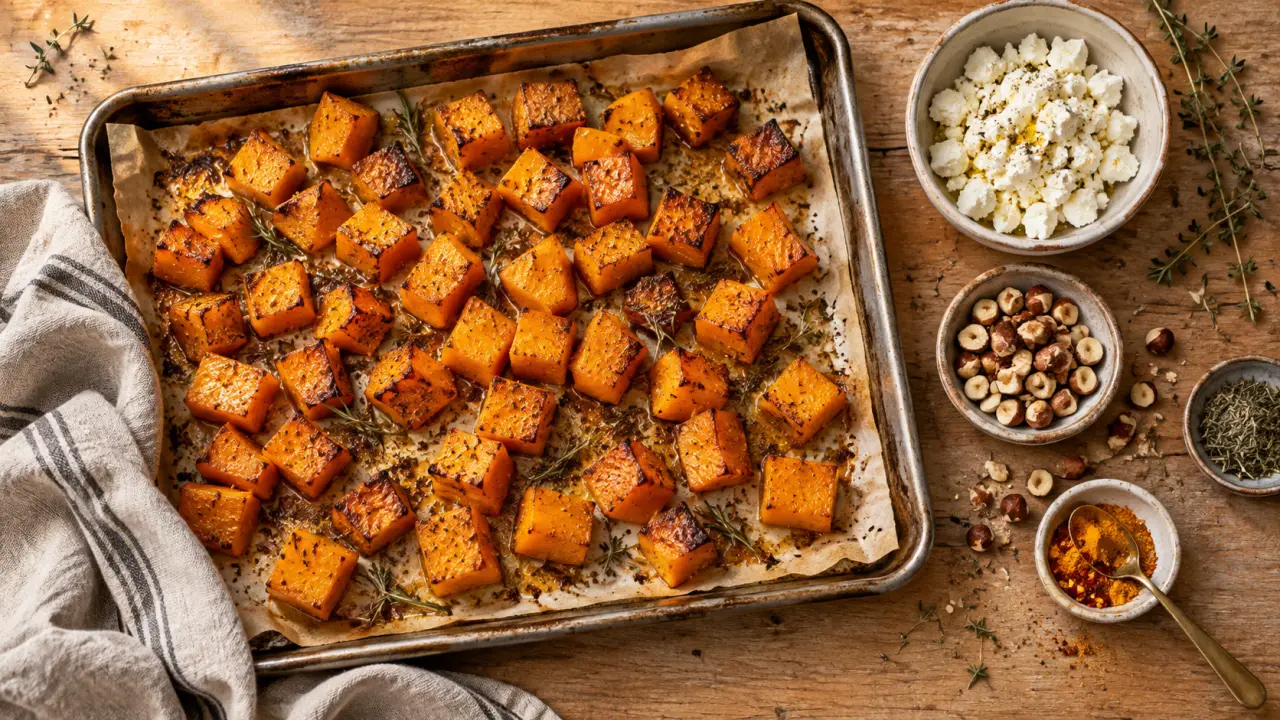 Recette butternut rôtie au four fondante, cubes caramélisés
