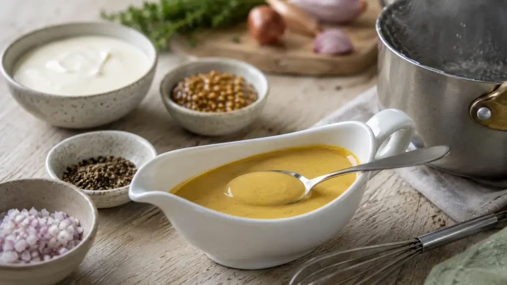 Sauce moutarde maison à la crème et moutarde à l’ancienne, prête à servir
