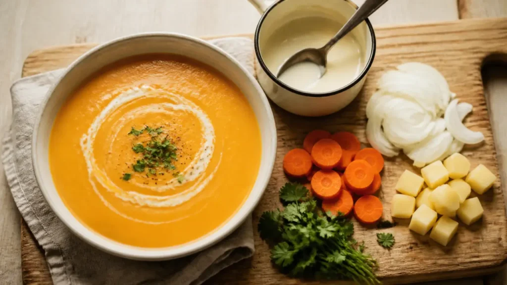 Velouté de carottes onctueux en bol blanc, prêt en 30 minutes