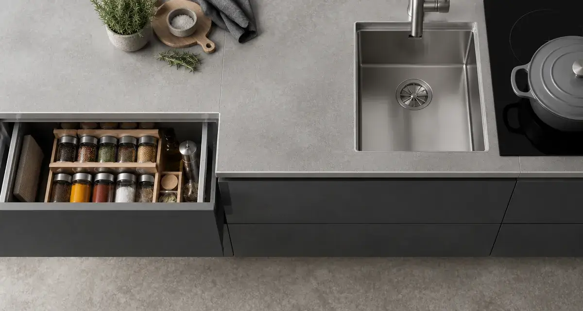 Cuisine haute de gamme : plan de travail grès cérame mat, évier inox et tiroirs