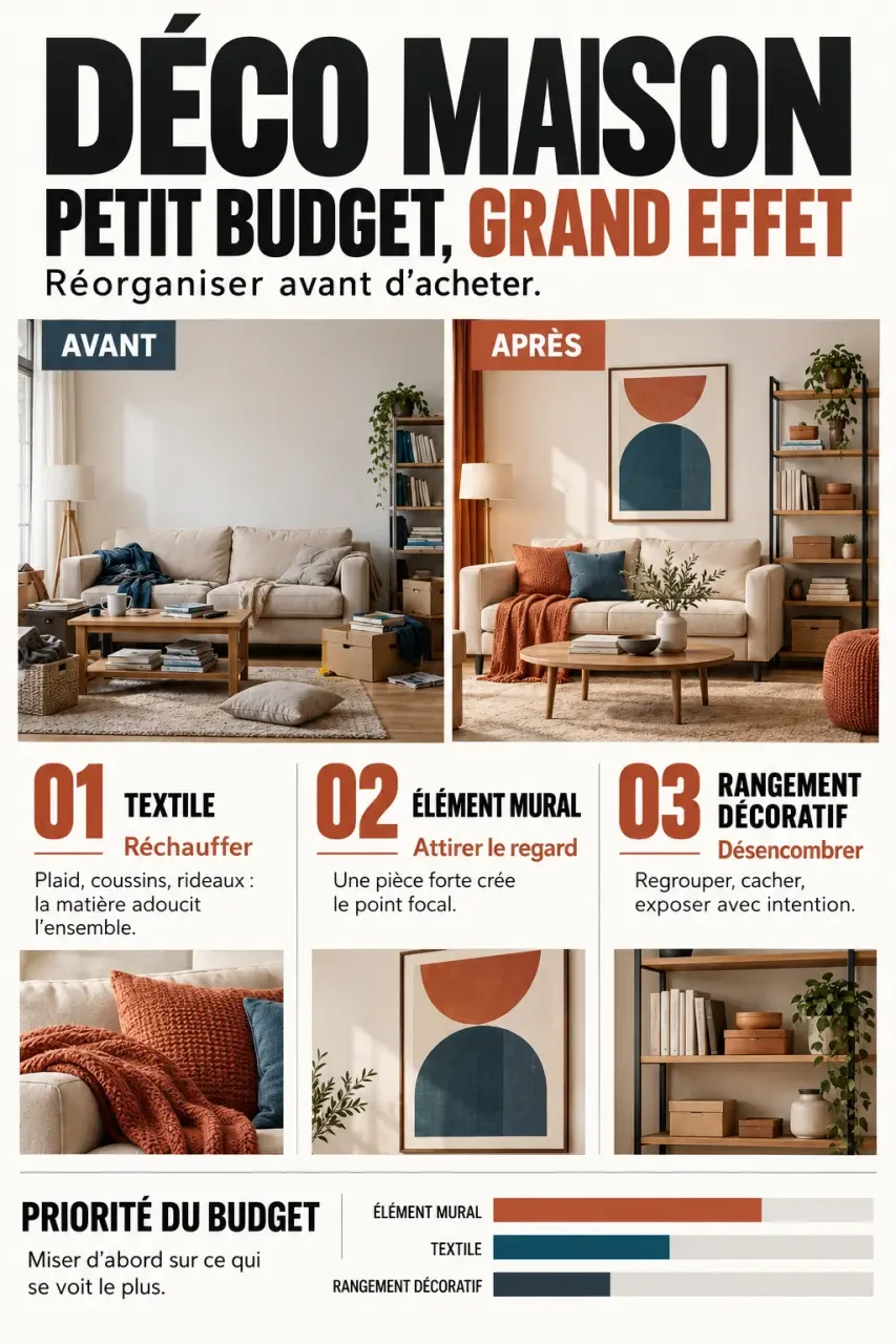 Infographie déco maison pas cher avec textile, élément mural et rangement décoratif