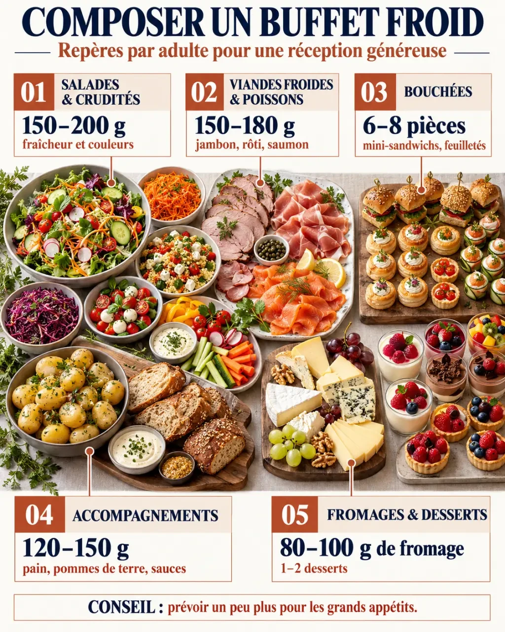 Infographie des catégories et quantités pour organiser un buffet froid