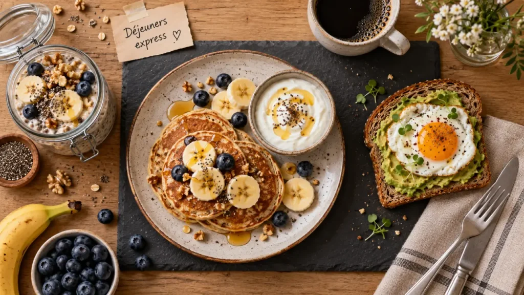 Idée petit déjeuner rapide : pancakes banane, yaourt grec, porridge, tartine avocat-œuf