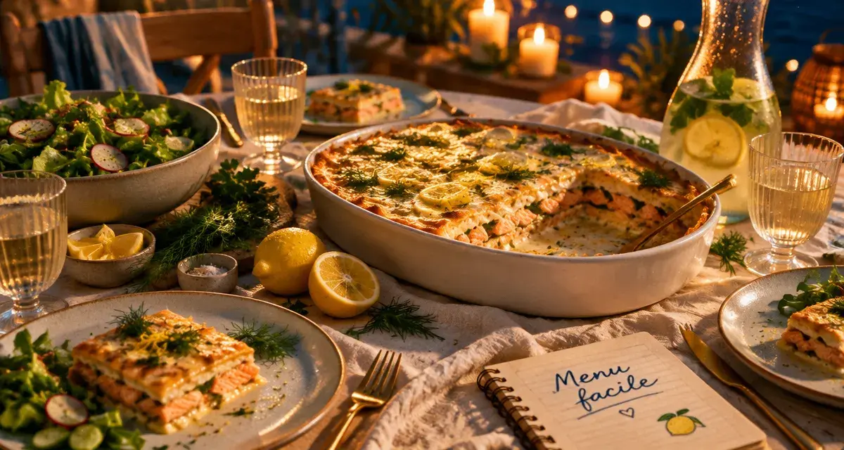 Idée repas 31 décembre entre amis : table festive simple, lasagnes saumon citron
