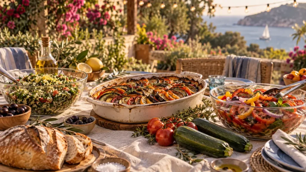 Plats conviviaux et estivaux a partager : ratatouille du four sur table terrasse