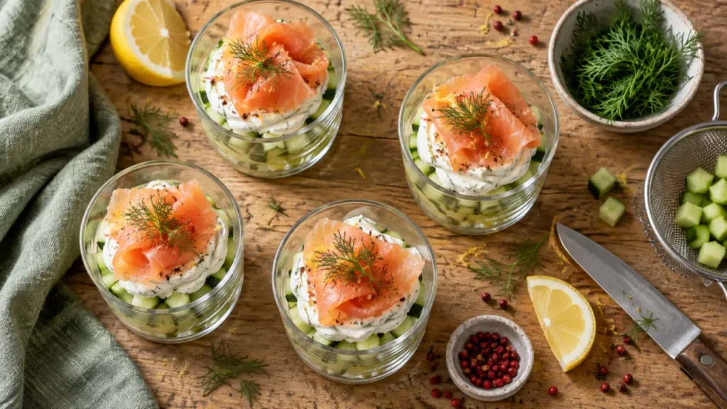 Recette entrée froide facile : verrines concombre saumon fumé