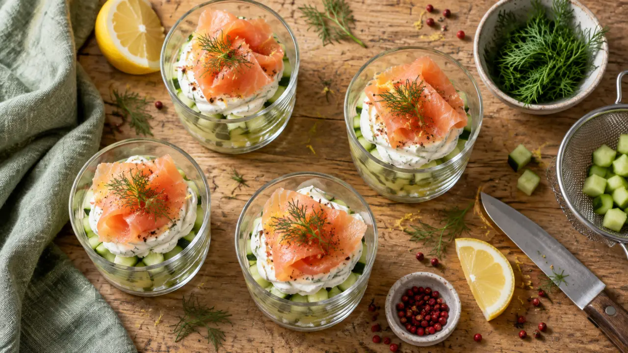 Recette entrée froide facile : verrines concombre saumon fumé