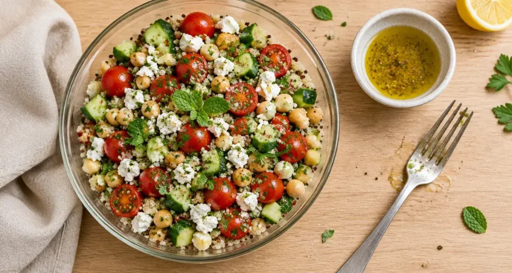 Une salade froide complète en 10 minutes, avec quinoa, pois chiches et feta