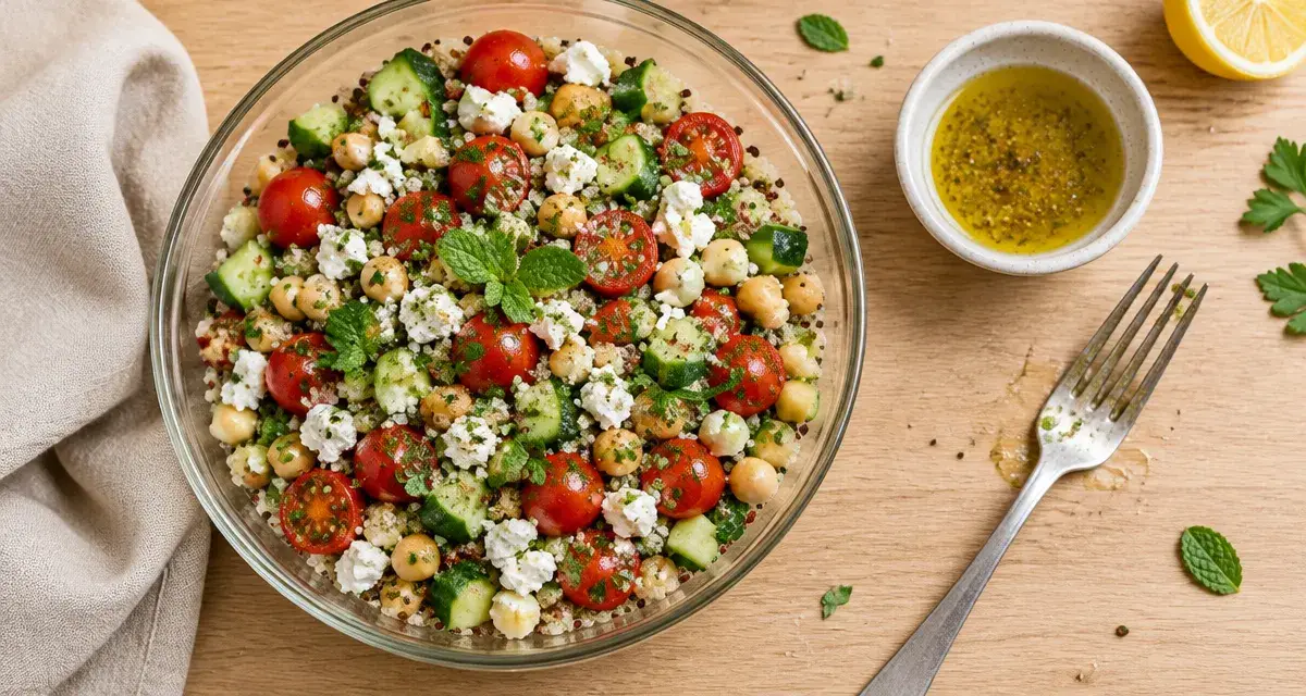 Recette de salade froide facile et rapide : salade quinoa pois chiches feta