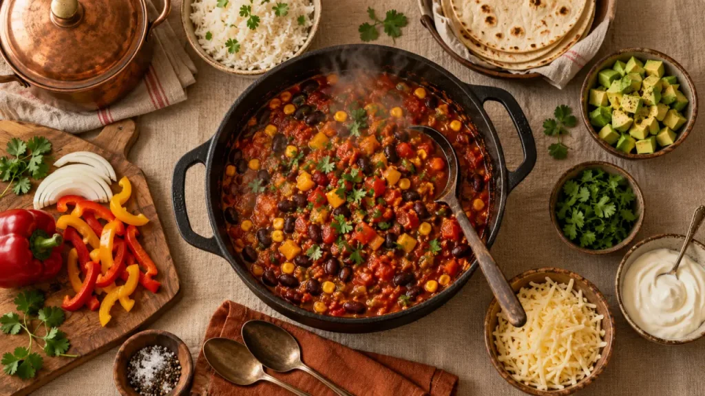 Repas entre amis : chili végétarien à partager, garnitures et bols