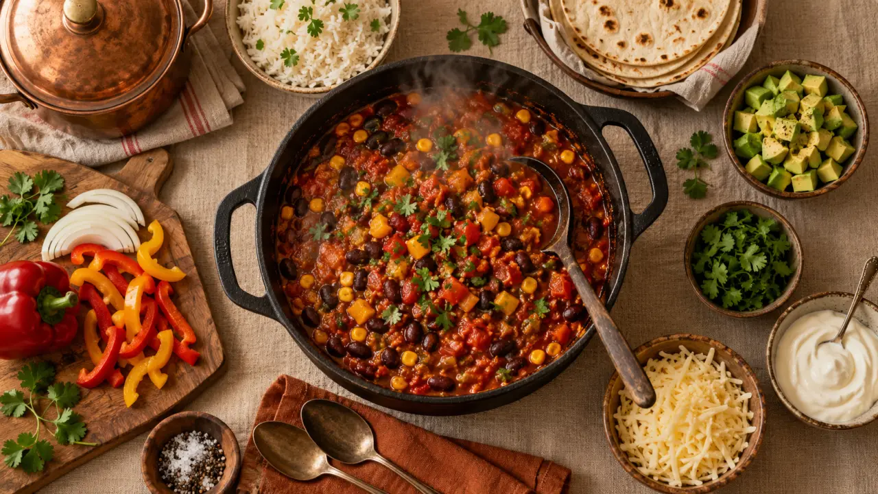 Repas entre amis : chili végétarien à partager, garnitures et bols