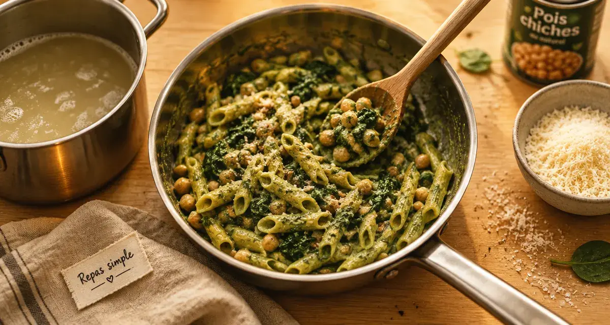 Repas simple du soir : poêle de pâtes vertes aux pois chiches