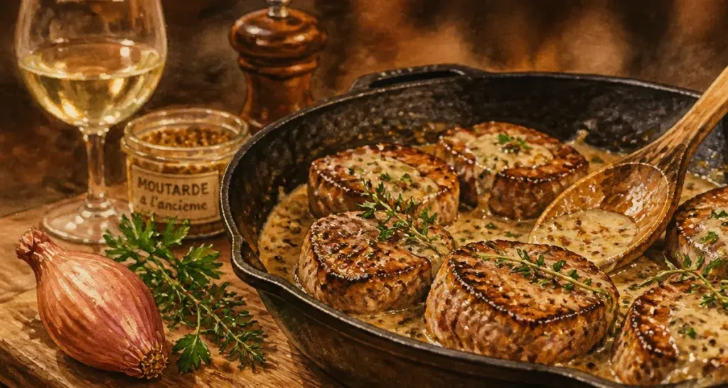 Sauce moutarde pour filet mignon, crème nappante sur médaillons en poêle