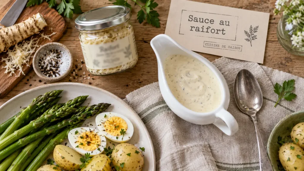 Sauce raifort crémeuse dans une saucière, avec asperges et pommes de terre
