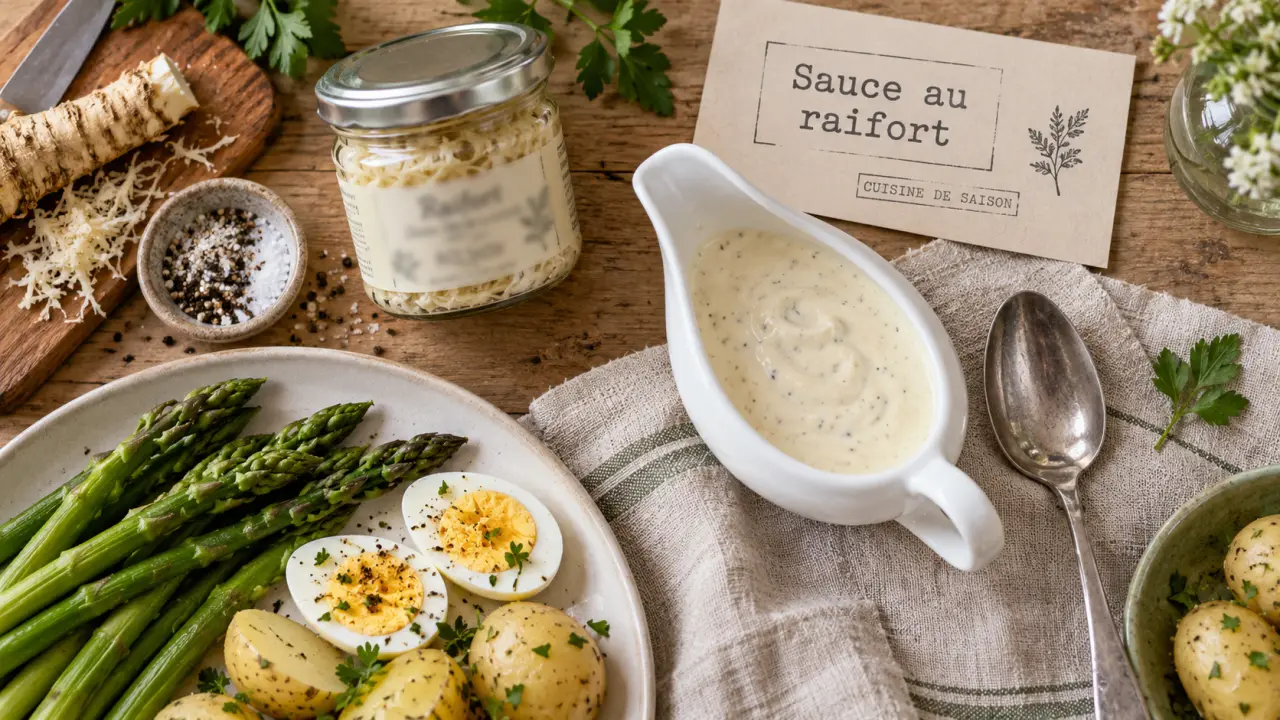 Sauce raifort crémeuse dans une saucière, avec asperges et pommes de terre