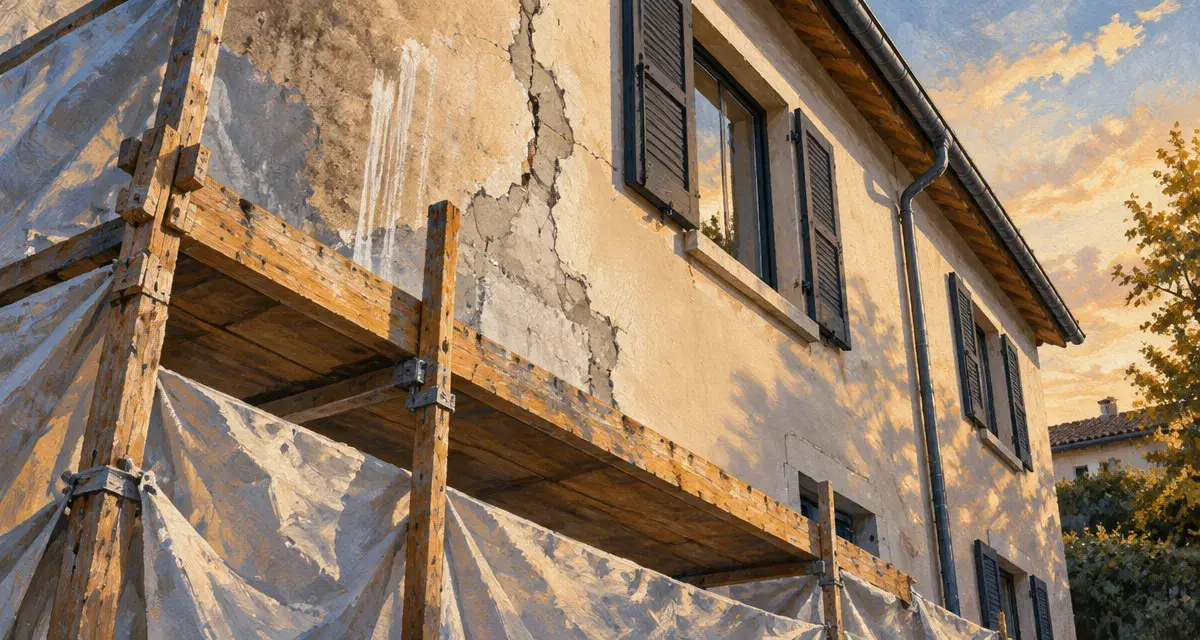 Solutions rénover ou embellir façade : enduit beige sur ravalement, façade avec échafaudage